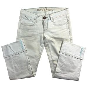 NWOT Tennis 5 pocket white crop Jeans with Tiffany blue stitching Size 7